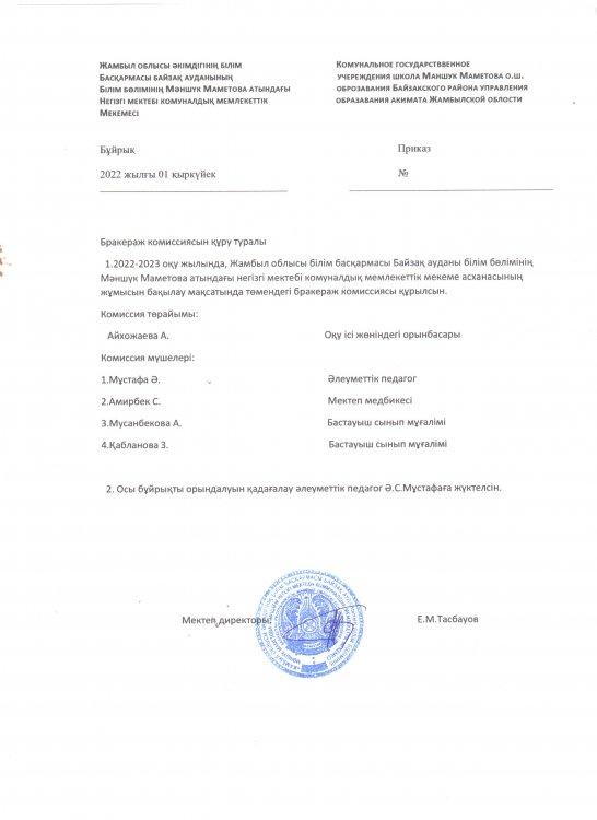 Бракераж комиссиясын құру туралы бұйрық