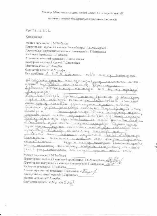 Асхананы тексеру бракераждық комиссия хаттамасы