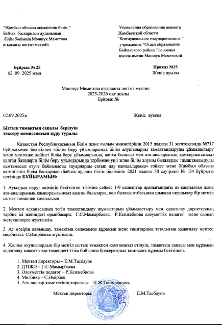 Ыстық тамақтың сапалы  берілуін тексеру  комисиясын құру туралы